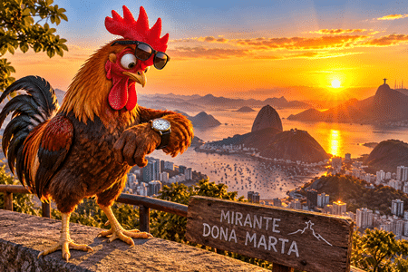 Galo olhando o relógio no nascer do sol no Mirante Dona Marta, Rio de Janeiro